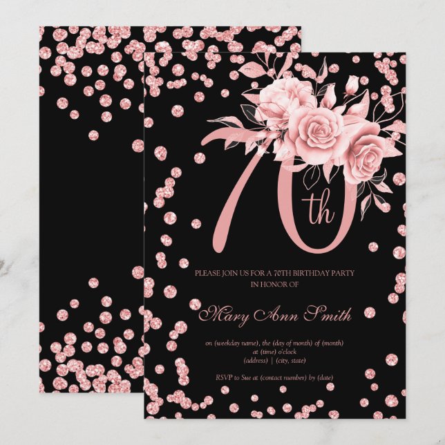 Invitation Rose Gold Floral & Confetti 70e Anniversaire Noir  (Devant / Derrière)