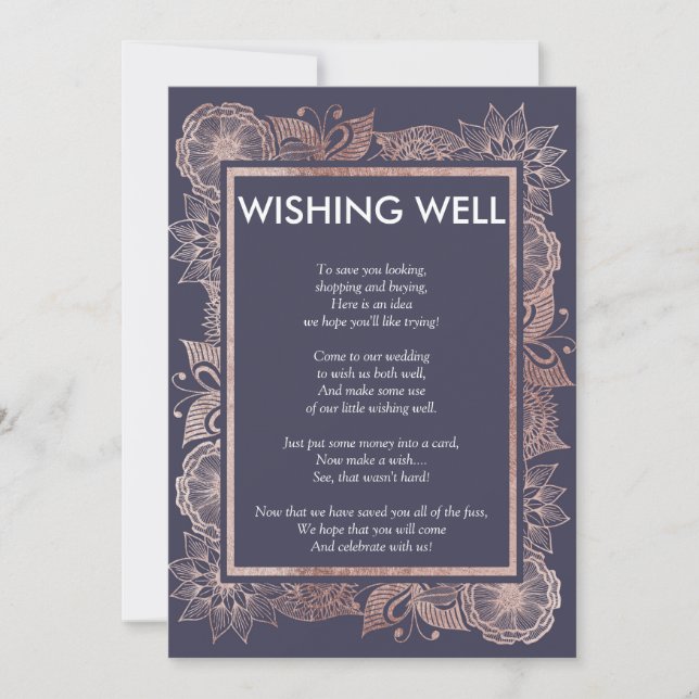 Invitation Rose Gold Floral et Bleu Nuit Wishing Well (Devant)