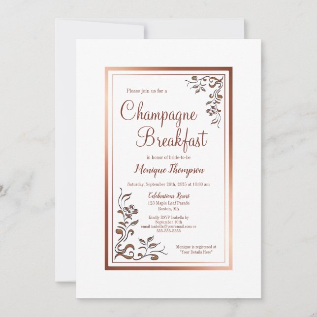 Invitation Rose Gold Floral Frontale Champagne Petit déjeuner (Devant)