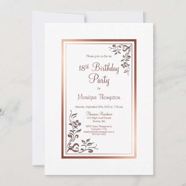 Invitation Rose Gold Floral Frontière 18e fête d'anniversaire (Devant)