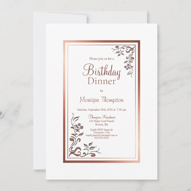 Invitation Rose Gold Floral Frontière Anniversaire Dîner Fête (Devant)