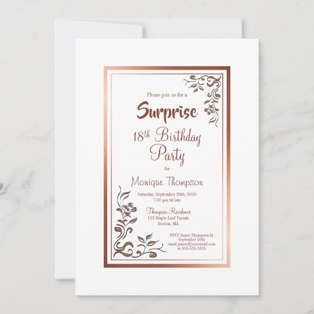 Invitation Rose Gold Floral Frontière Surprise 18e anniversai (Devant)