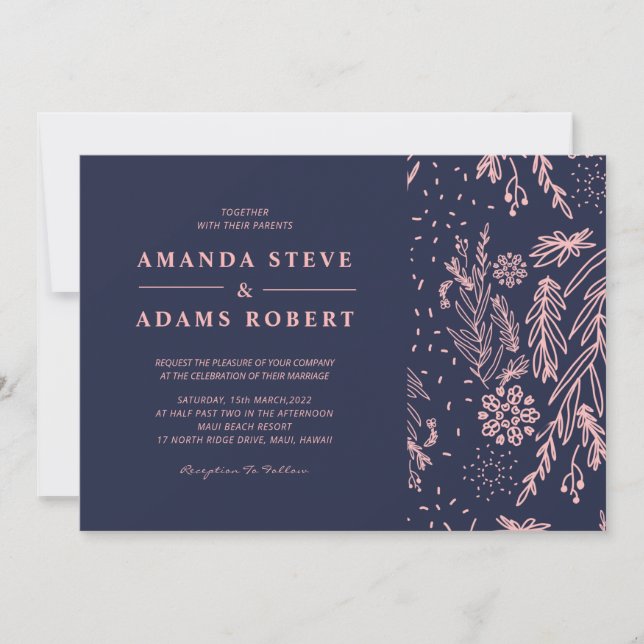 Invitation Rose Gold Floral Modèle Marine Bleu élégant Mariag (Devant)