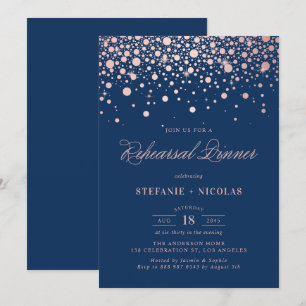 Invitation Rose Gold Foil Confetti Marine Blue Rehearer Dîner