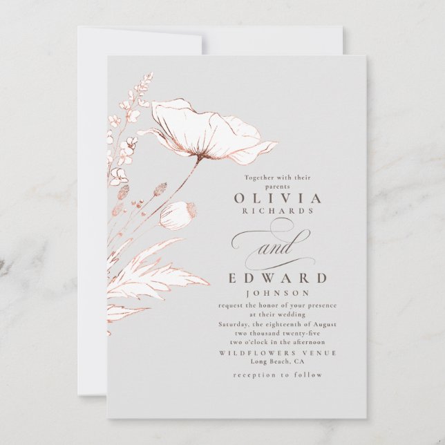 Invitation Rose Gold Foil Fleurs sauvages gris clair Mariage (Devant)
