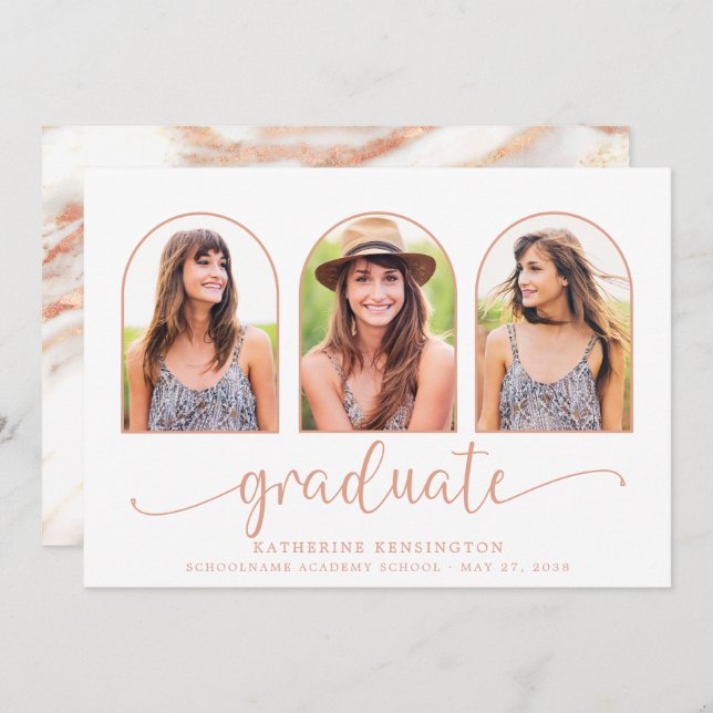 Invitation Rose Gold Foil Marble Arch 3 Photo Graduation (Devant / Derrière)