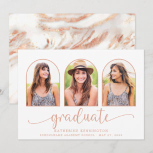 Invitation Rose Gold Foil Marble Arch 3 Photo Graduation