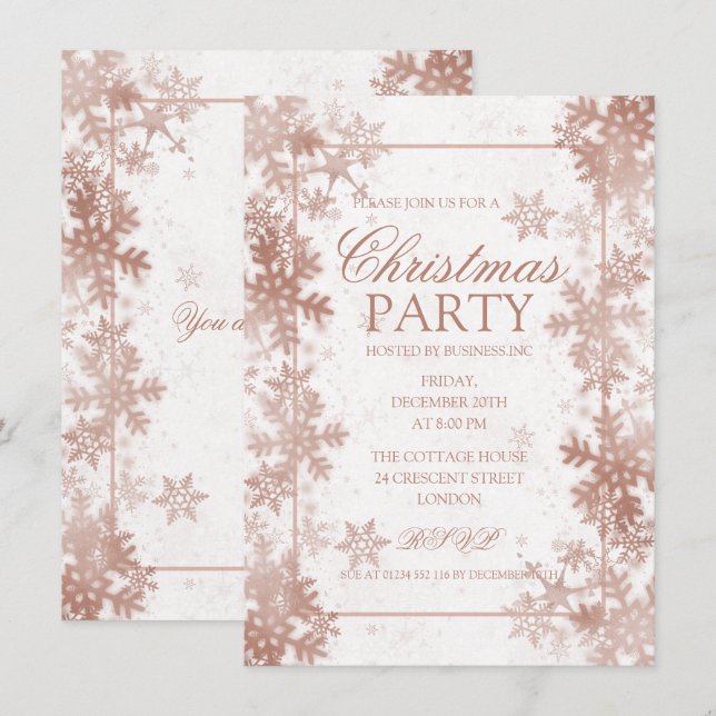 Invitation Rose Gold Foil Snowflakes Noël (Devant / Derrière)