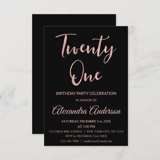 Invitation Rose Gold Foil Vingt et un 21e anniversaire (Devant / Derrière)