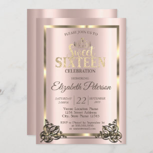 Invitation Rose Gold Frame, Bordure, Tiara Sweet 16 Party Inv