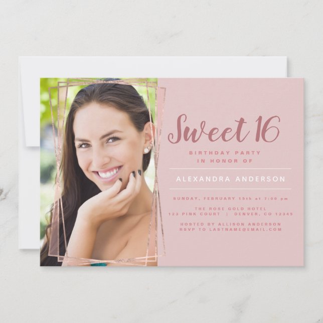 Invitation Rose Gold Géométrique Photo Sweet 16 Anniversaire (Devant)