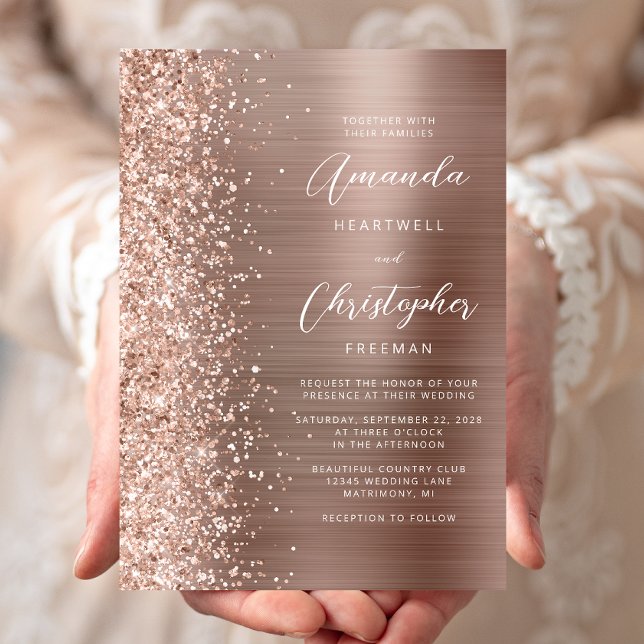 Invitation Rose Gold Glam Pailleté Métal Brossé Mariage (Créateur téléchargé)
