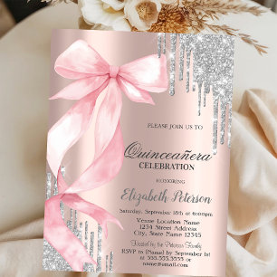 Invitation Rose Gold Glitter Argent Gouttes Ruban Rose Quince