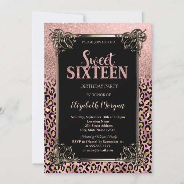Invitation Rose Gold Glitter Border Leopard Sweet 16 (Devant)