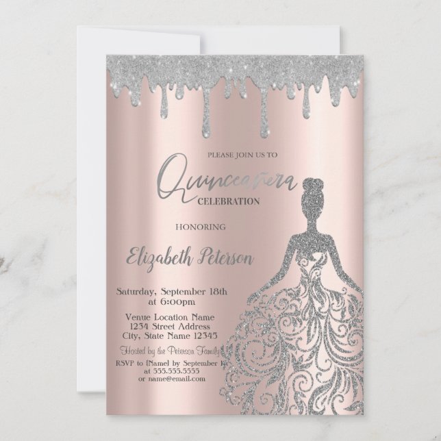 Invitation Rose Gold,Glitter Dress Drips Silver Quinceanera (Devant)