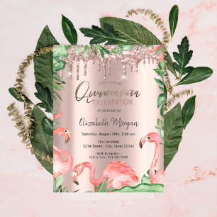 Invitation Rose Gold Glitter Drips Pink Flamingos Quinceañera