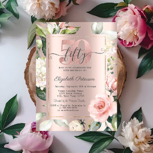 Invitation Rose Gold Glitter Drips Roses 50e Anniversaire