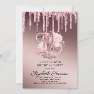 Invitation Rose Gold Glitter Gouttes 40e Anniversaire Surpris