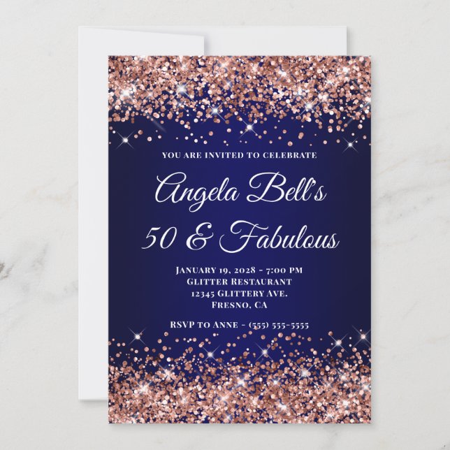 Invitation Rose Gold Glitter Navy Blue Ombre 50 & Fabulous (Devant)