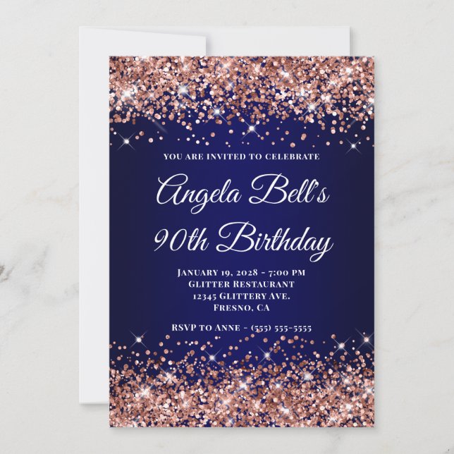 Invitation Rose Gold Glitter Navy Blue Ombre 90th Birthday (Devant)