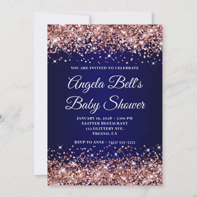Invitation Rose Gold Glitter Navy Blue Ombre Baby Shower (Devant)