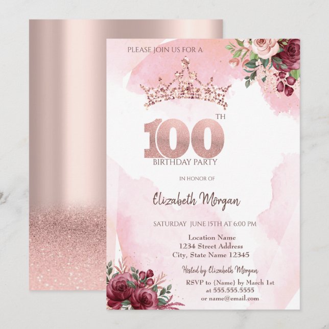 Invitation  Rose Gold Glitter Roses Crown 100th Birthday  (Devant / Derrière)