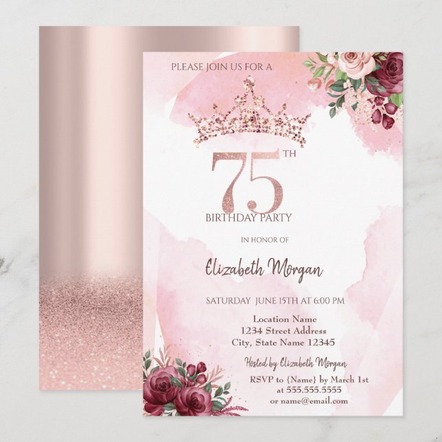 Invitation  Rose Gold Glitter Roses Crown 75th Birthday  (Devant / Derrière)
