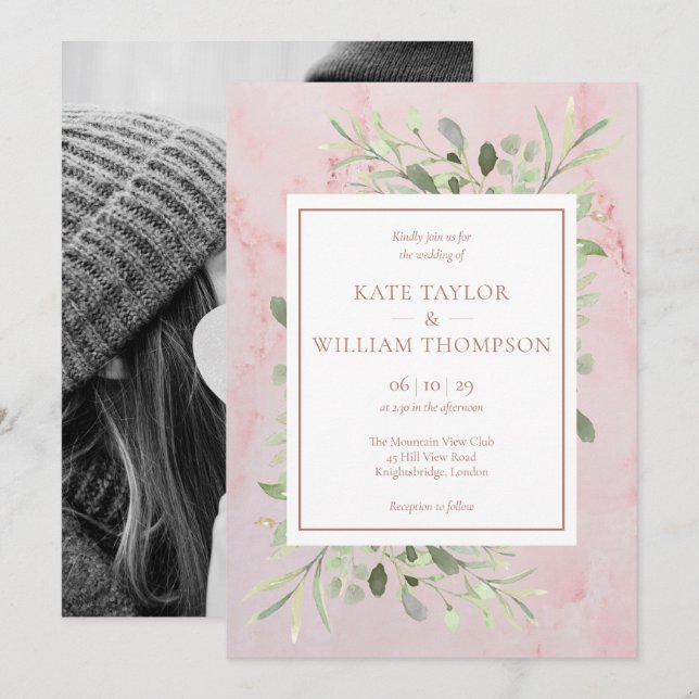 Invitation Rose Gold Greenery Feuille Mariage photo (Devant / Derrière)