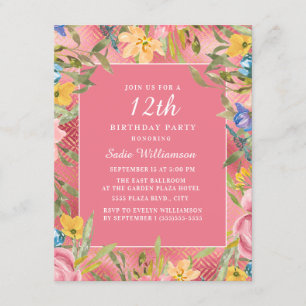 Invitation Rose Gold Jaune Bleu Floral 12e Anniversaire