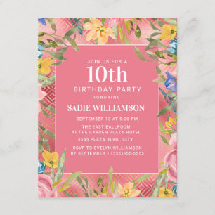 Invitation Rose Gold Jaune Bleu Floral Fille 10 ans