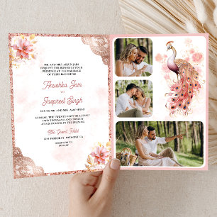 Invitation Rose Gold Lace Florale Indien Paon Mariage