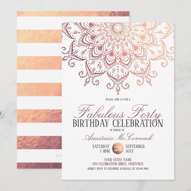 Invitation Rose Gold Mandala Fabuleux 40 Anniversaire (Devant / Derrière)