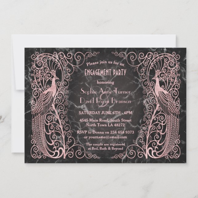 Invitation Rose Gold Marble Art Déco Peacock Engagement Party (Devant)