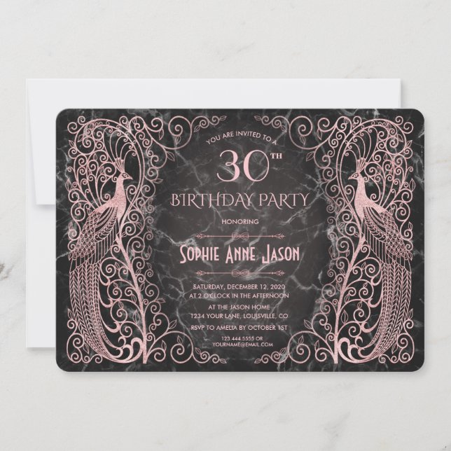 Invitation Rose Gold Marble Art Peacocks 30e fête d'anniversa (Devant)