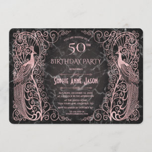 Invitation Rose Gold Marble Art Peacocks 50e fête d'anniversa
