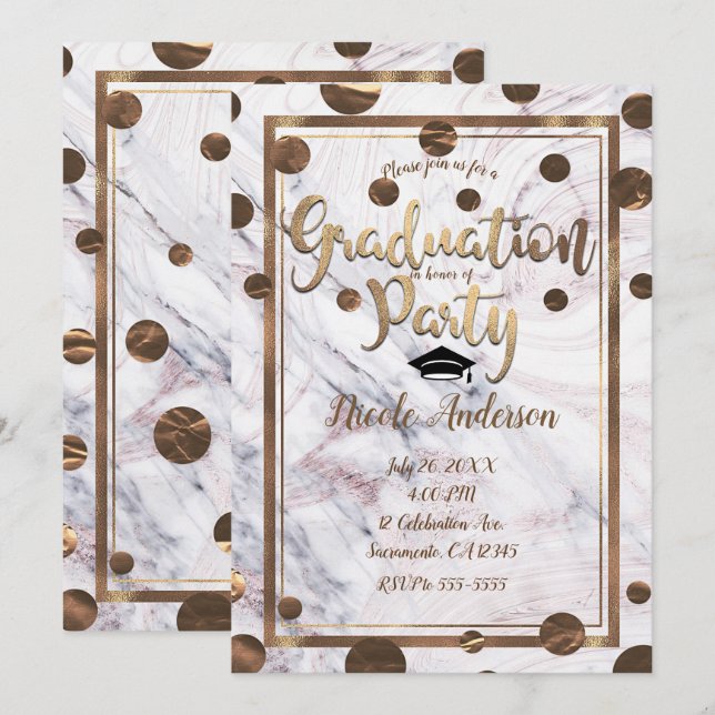Invitation Rose Gold Marble Swirl Bronze Graduation en cuivre (Devant / Derrière)