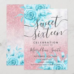 Invitation Rose Gold Marbre Turquoise Parties scintillant Flo