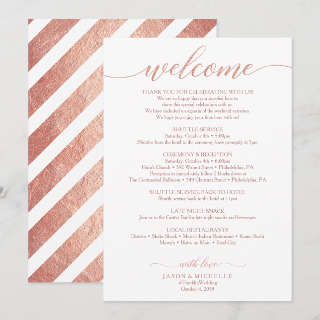 Invitation Rose Gold Mariage Itinéraire - Mariage de bienvenu (Devant / Derrière)