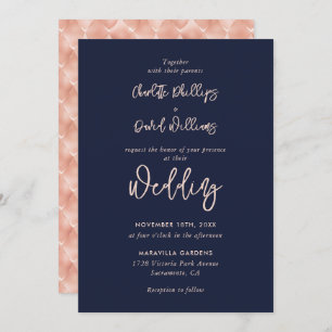 Invitation Rose Gold Marine Bleu moderne Script Mariage