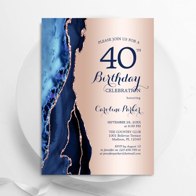 Invitation Rose Gold Marine Blue Agate 40e anniversaire (Créateur téléchargé)