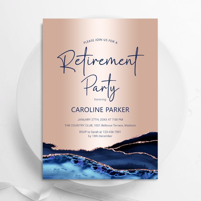 Invitation Rose Gold Marine Blue Agate Parti de retraite (Créateur téléchargé)