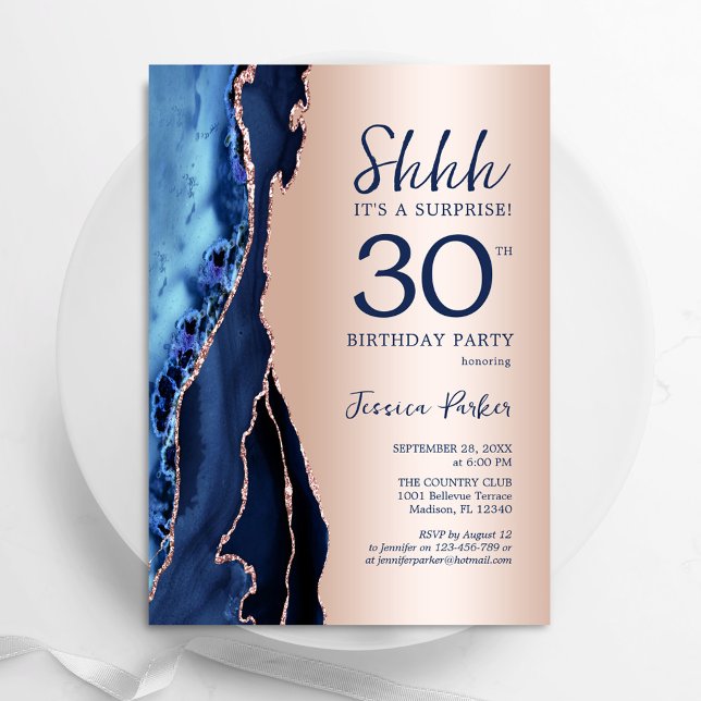 Invitation Rose Gold Marine Blue Agate Surprise 30e anniversa (Créateur téléchargé)