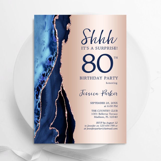 Invitation Rose Gold Marine Blue Agate Surprise 80e anniversa (Créateur téléchargé)