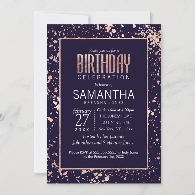 Invitation Rose Gold Marine Blue Paint Splateaux Anniversaire (Devant)