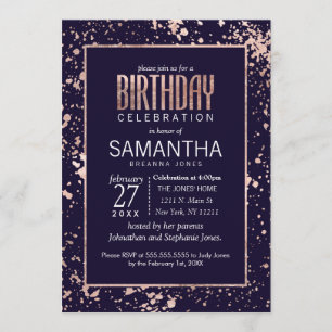 Invitation Rose Gold Marine Blue Paint Splateaux Anniversaire