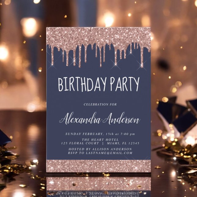 Invitation Rose Gold Marine Parties scintillant bleue N'impor (Créateur téléchargé)