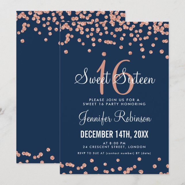 Invitation Rose Gold Marine Sweet 16 Anniversaire Parties sci (Devant / Derrière)