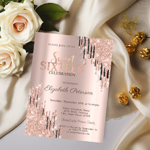 Invitation Rose Gold Moderne Gouttes de Paillettes Noires Swe