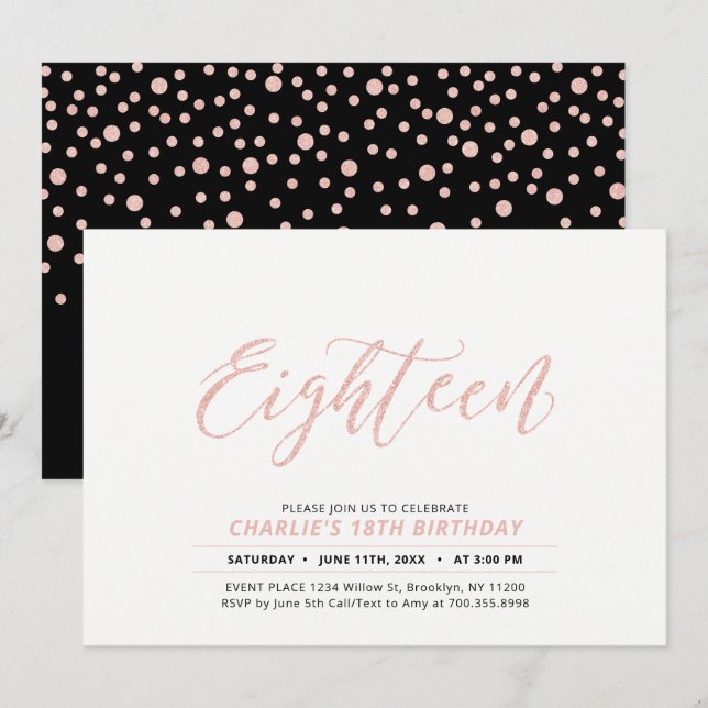 Invitation Rose Gold Moderne Lettering 18e fête d'anniversair (Devant / Derrière)