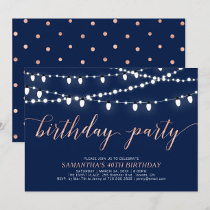 Invitation Rose Gold & Navy   40e fête d'anniversaire pour fe